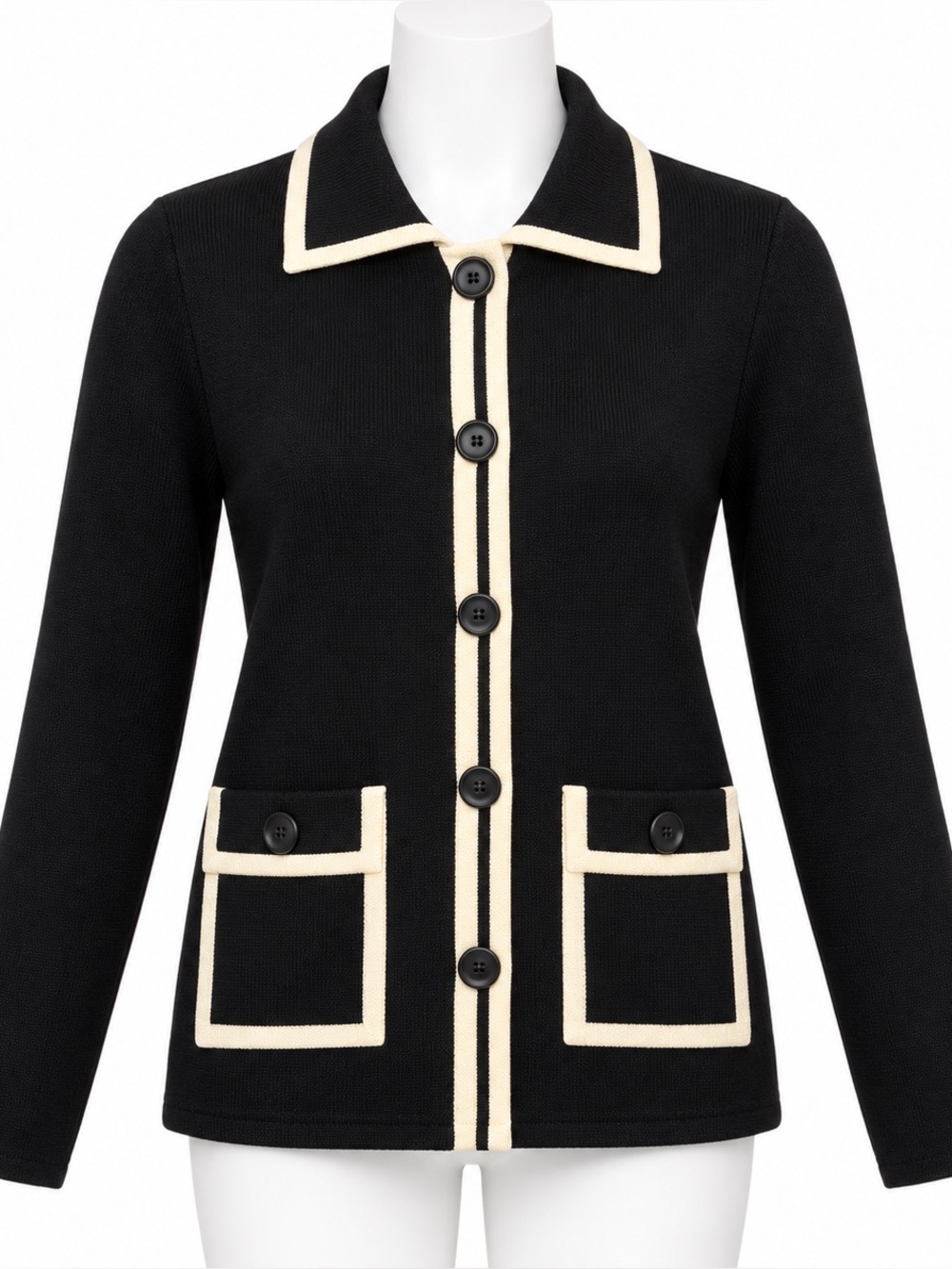 Black Knit Button-Front Jacket with Cream Trim